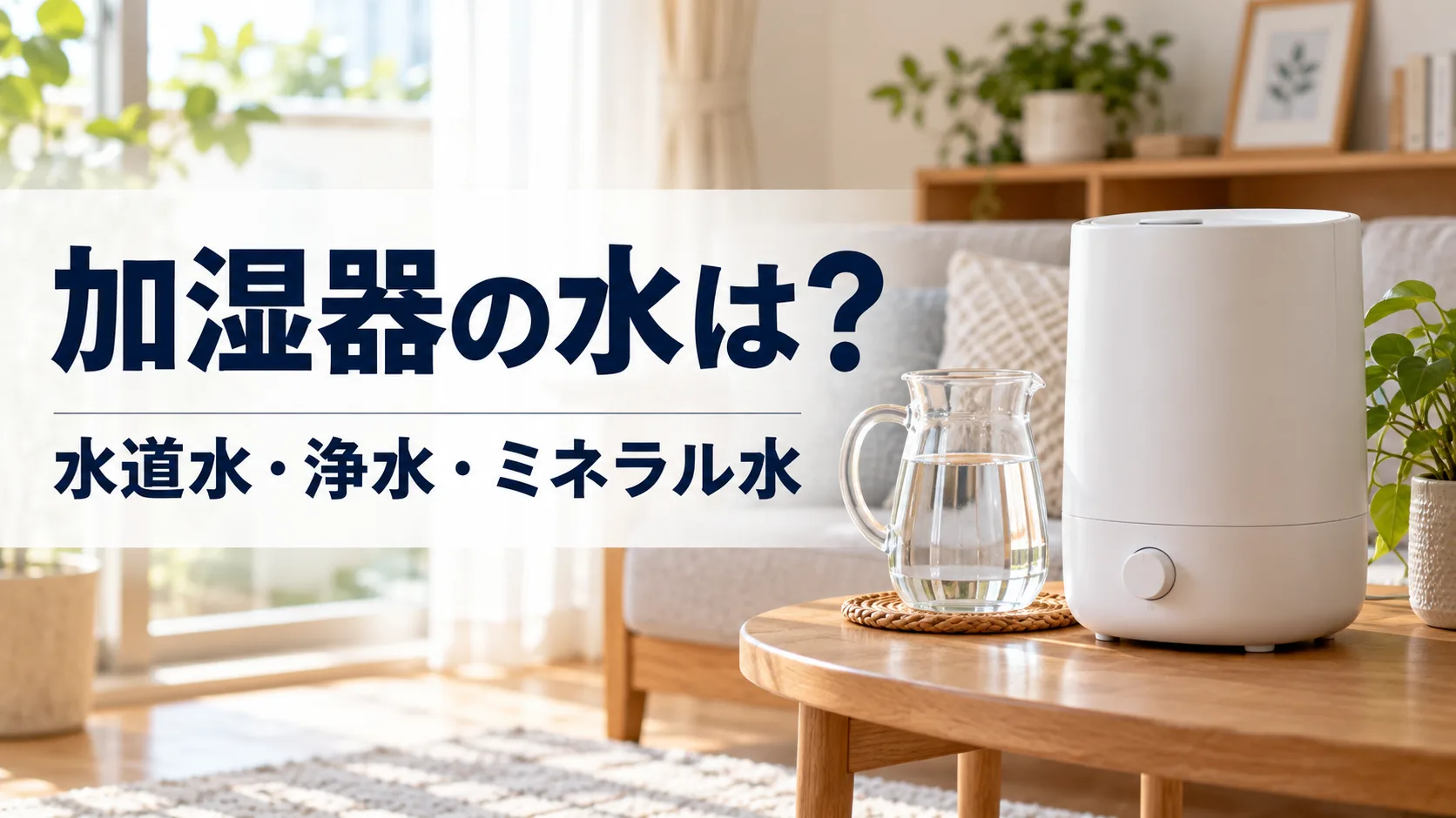 加湿器と水差しの写真に「加湿器の水は？ 水道水・浄水・ミネラル水」と書いたアイキャッチ